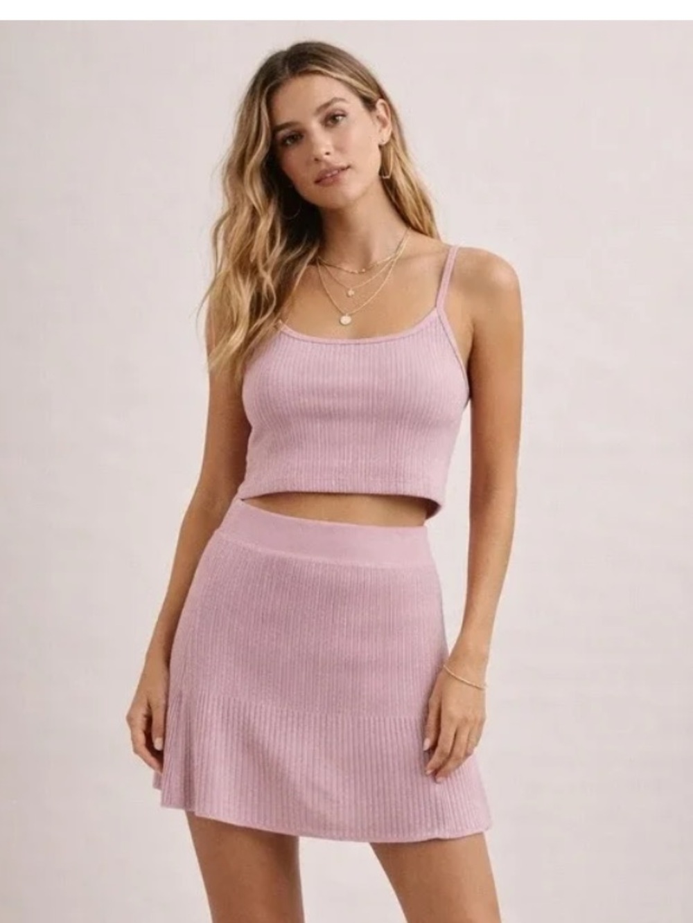 Free People two piece set Ribbed Pink Crop Tank and Mini Skirt Set